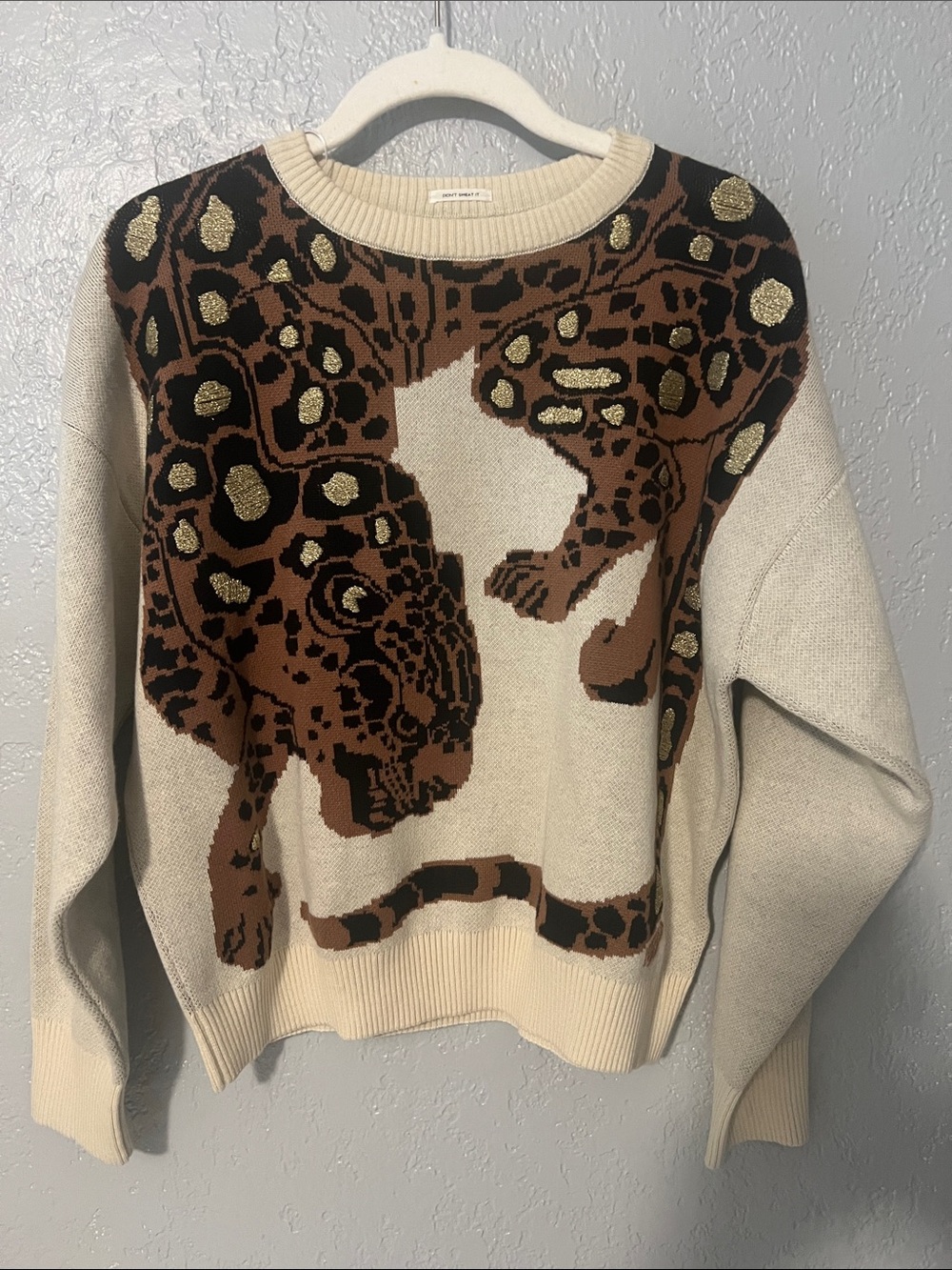 MOTHER Cream Crewneck Sweater with Brown Leopard and Gold Accents